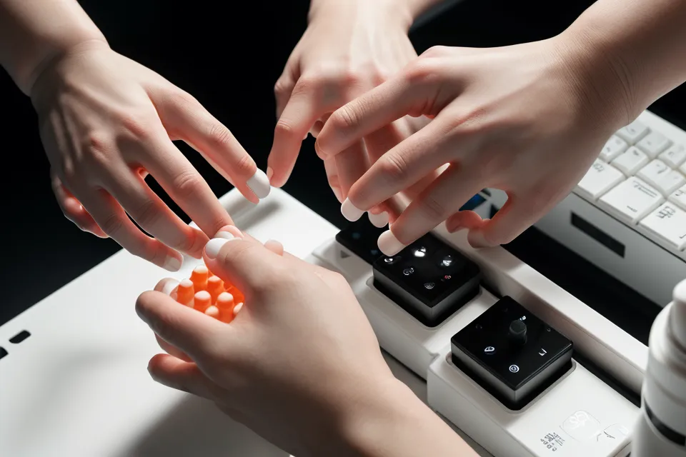 A developer holding an eye supplement capsule over a mechanical keyboard.