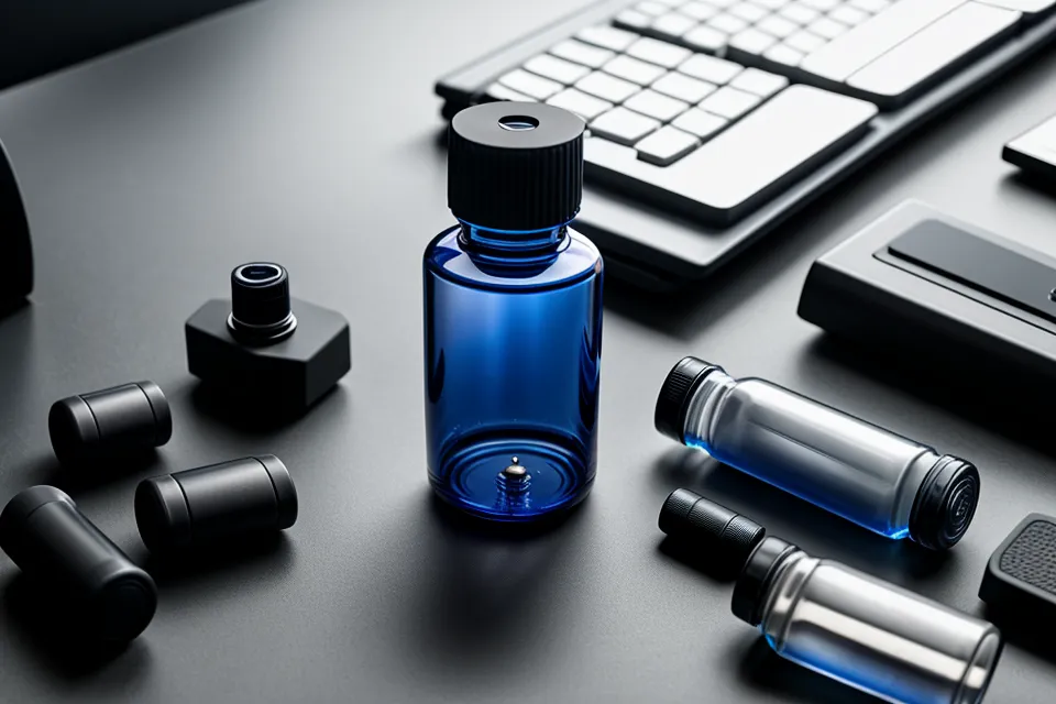 Eye supplement bottle next to a mechanical keyboard in a dark office.