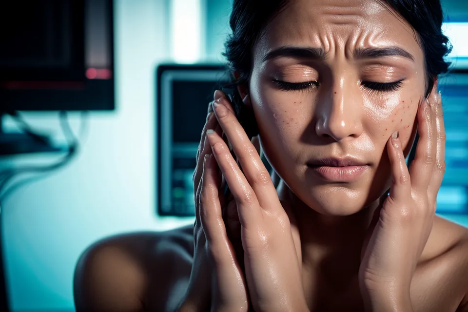 A developer rubbing tired eyes in front of a computer screen.
