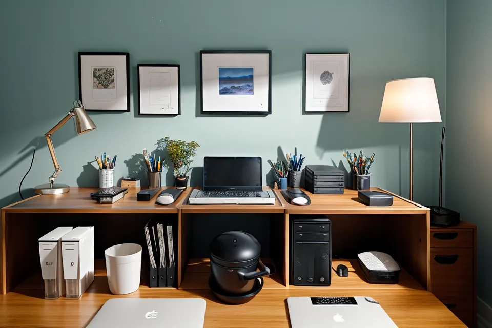 Bias lighting behind three monitors to reduce contrast and eye strain.