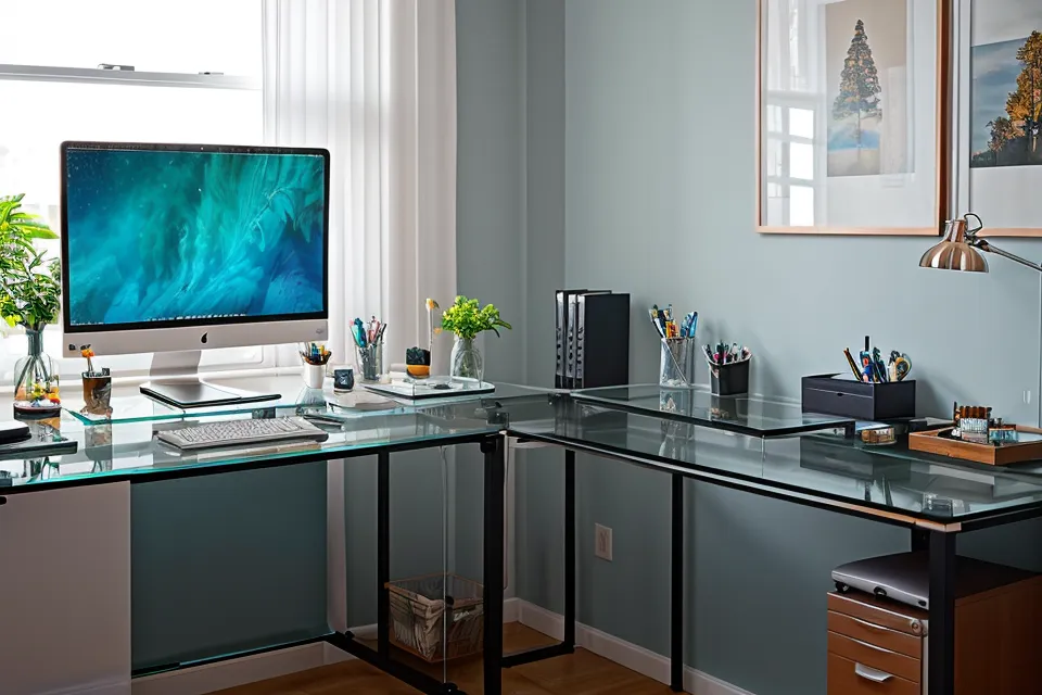 A developer working comfortably at a triple-monitor desk setup with clear vision.