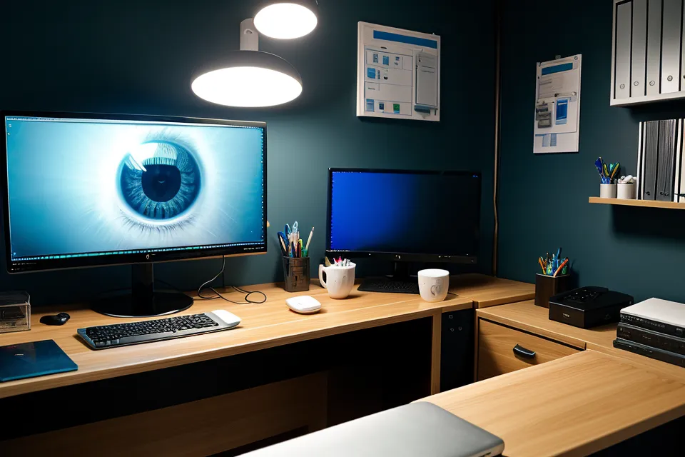 Eye health supplement testing for remote web development work — a developer's three-monitor desk mid coding session