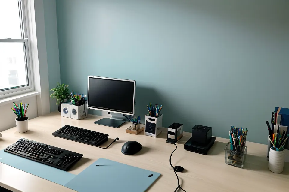 A remote web developer experiencing eye strain and fatigue at a triple-monitor desk during a long coding session