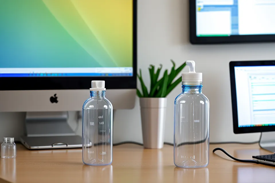 Supplement bottle and water glass beside a daily eye fatigue tracking spreadsheet used for supplement testing