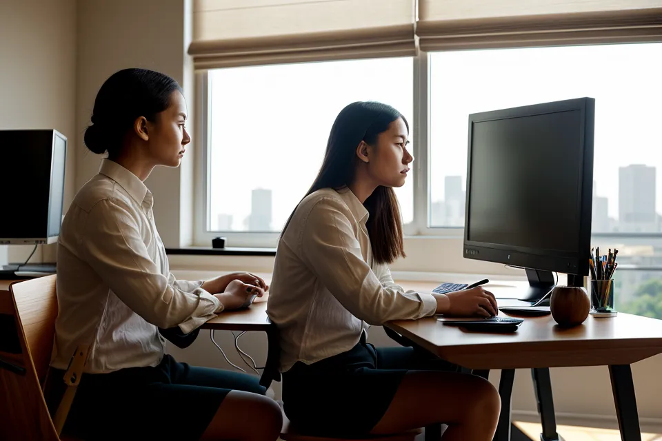Freelance developer working at a triple-monitor desk in an Austin home office after months of screen-eye-care and digital eye strain tracking