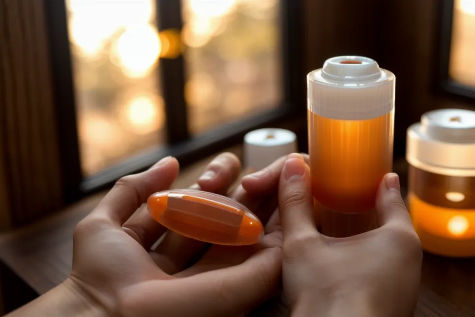 A developer taking their daily eye supplement at their desk.