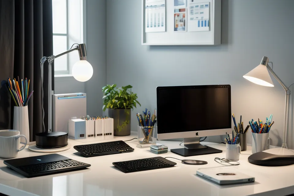 Blue light glasses and eye supplements on a developer's desk at sunset
