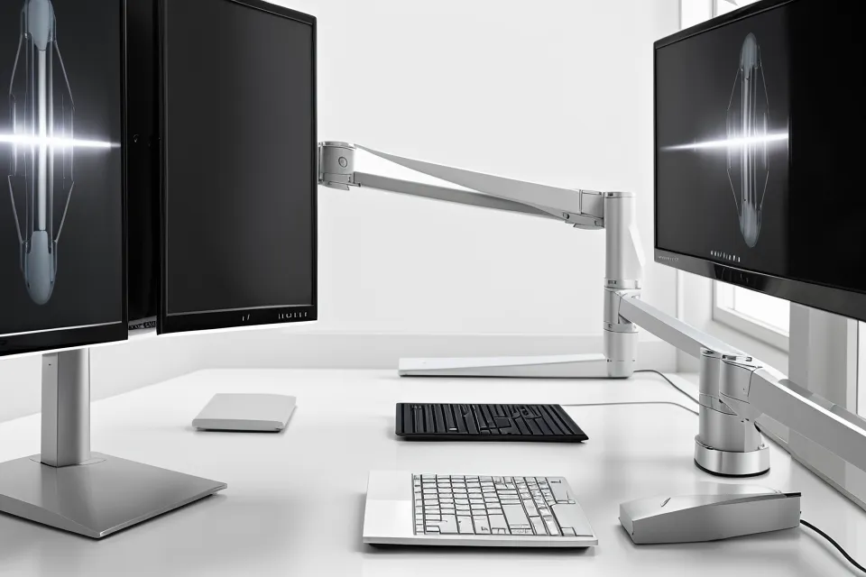 Close-up of a dual monitor arm used to reduce eye strain in a home office.