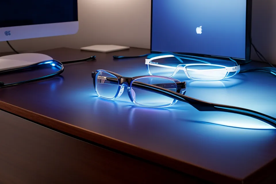 Blue light glasses sitting on a desk in front of a computer monitor.