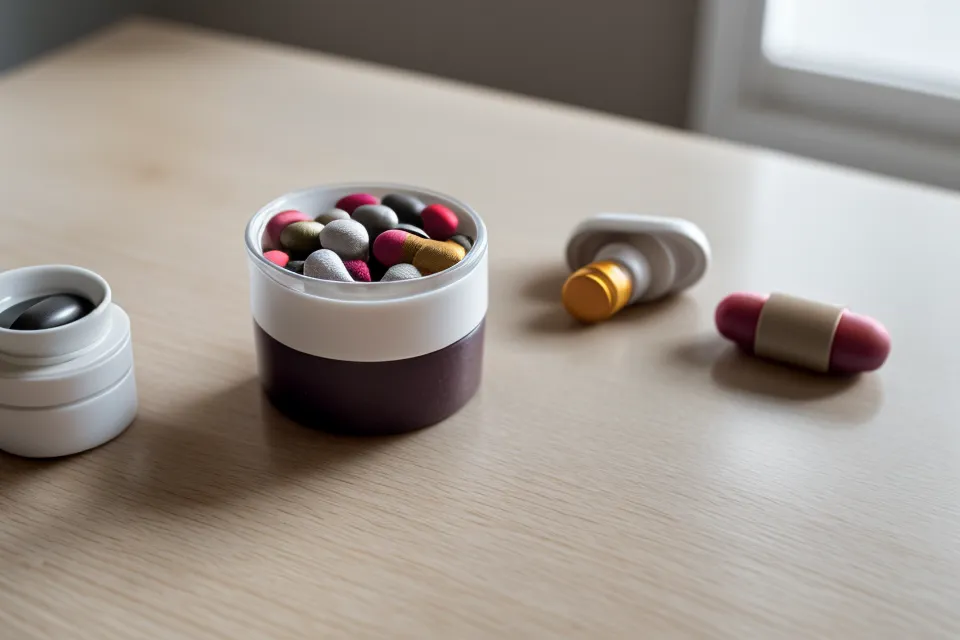 A single eye supplement capsule next to a cup of coffee.