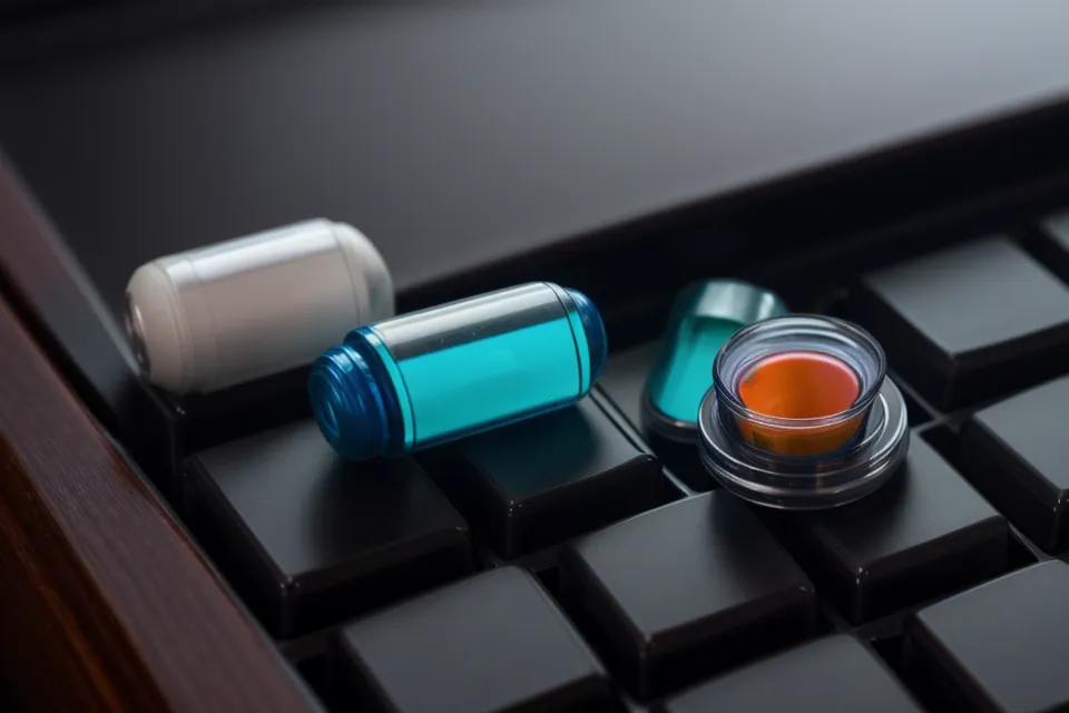 A single eye health supplement capsule on a developer's desk.