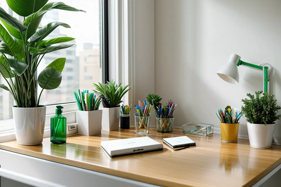 An organized home office desk featuring eye health supplements and natural lighting.
