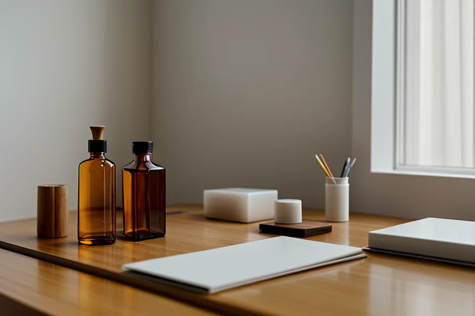 A notepad with tracking data next to eye supplements and glasses.