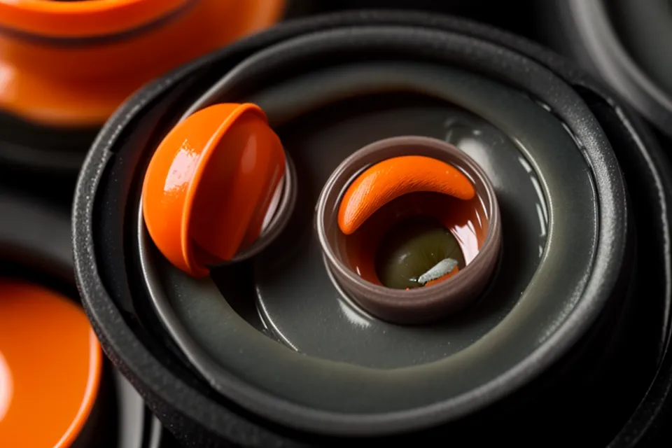 A single lutein supplement capsule sitting on a mechanical keyboard in a workspace.