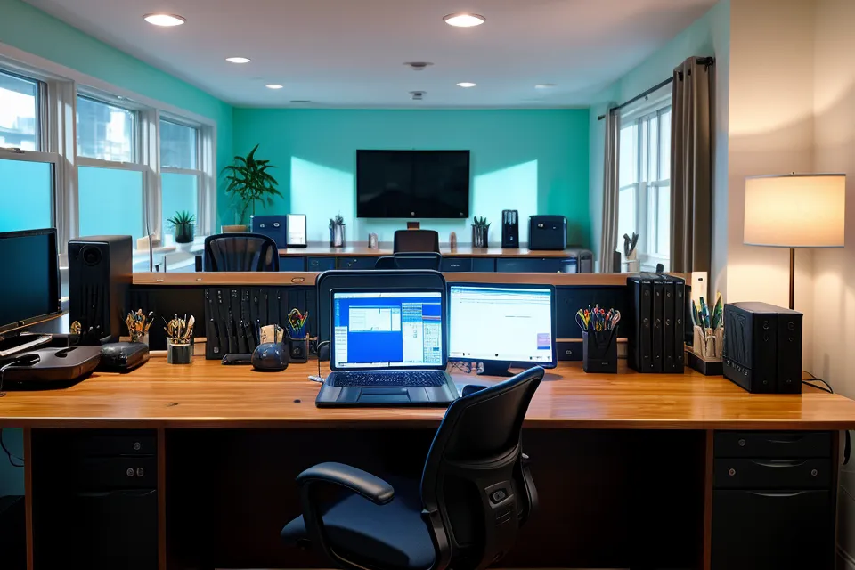 Developer testing eye supplements and blue light glasses for screen fatigue relief at a triple-monitor desk
