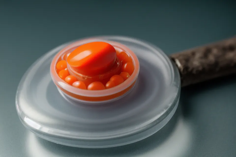 A close-up of a single eye care supplement capsule in a developer's workspace.