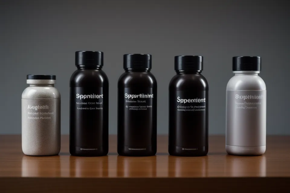 Three different eye health supplement bottles on a desk in front of a computer screen.