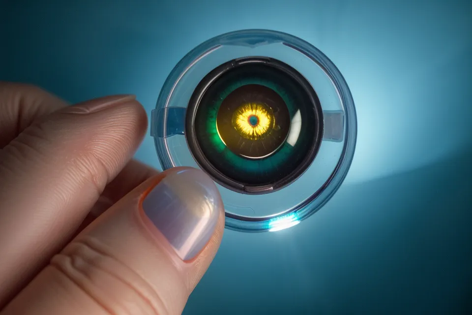 A close-up of an eye supplement capsule in front of a coding screen.