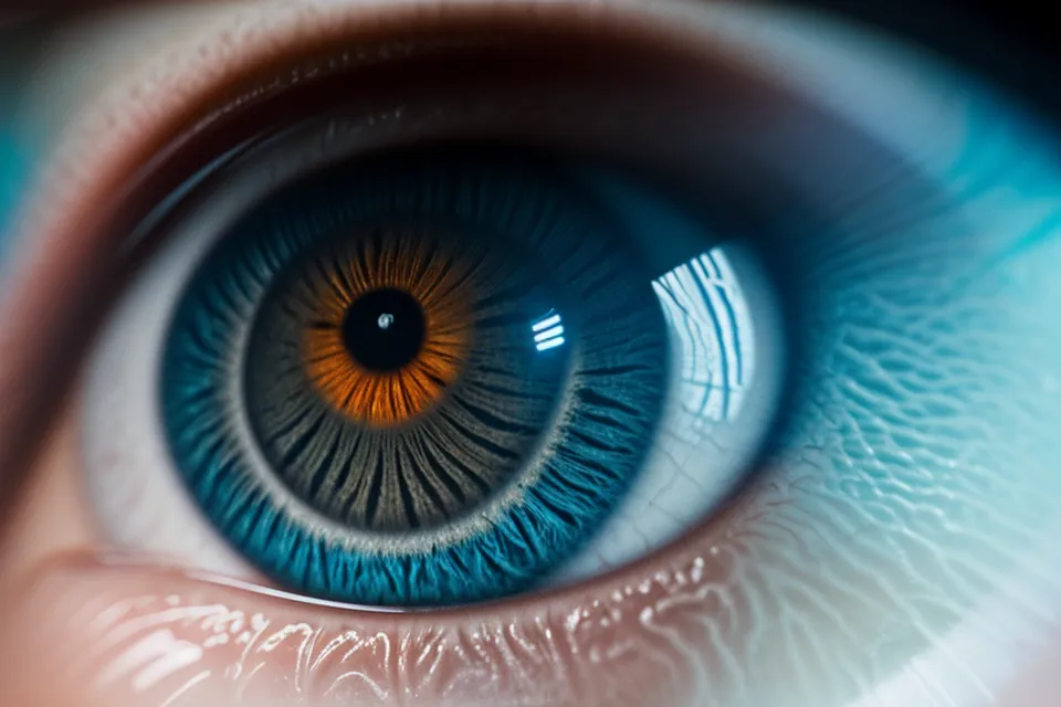 A close-up of a human eye reflecting the blue light from computer screens.