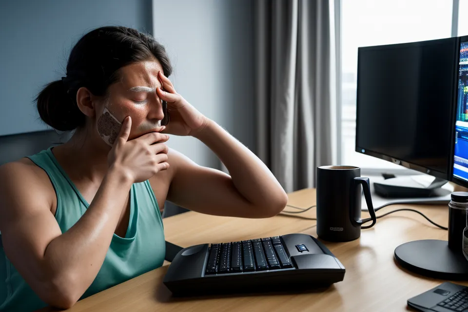 Close-up of a programmer resting tired eyes in front of glowing computer displays