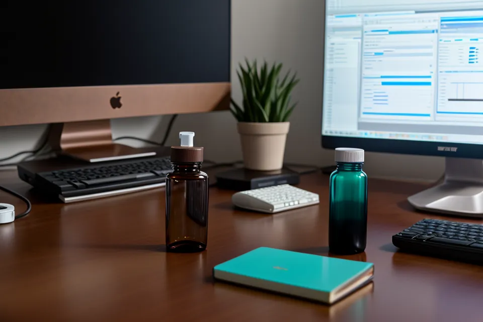 Single supplement bottle resting next to a daily log notebook on a tech workspace desk