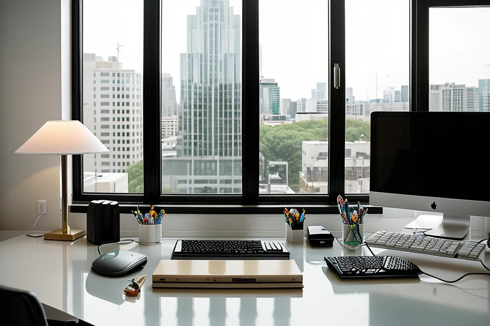 A clean developer workspace showing three monitors and eye health supplements.