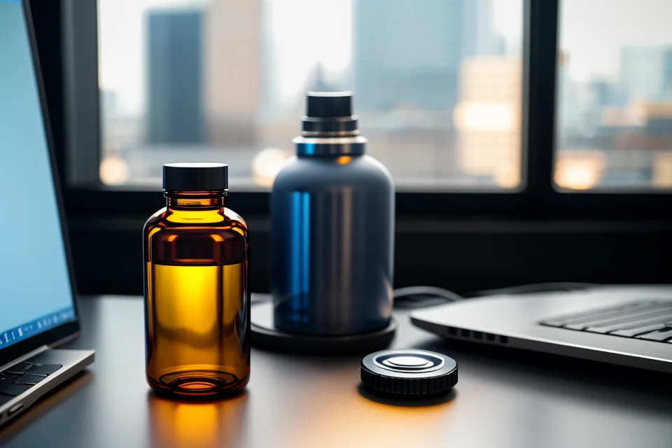 Eye supplement bottle beside a mechanical keyboard during a developer's eye health tracking routine