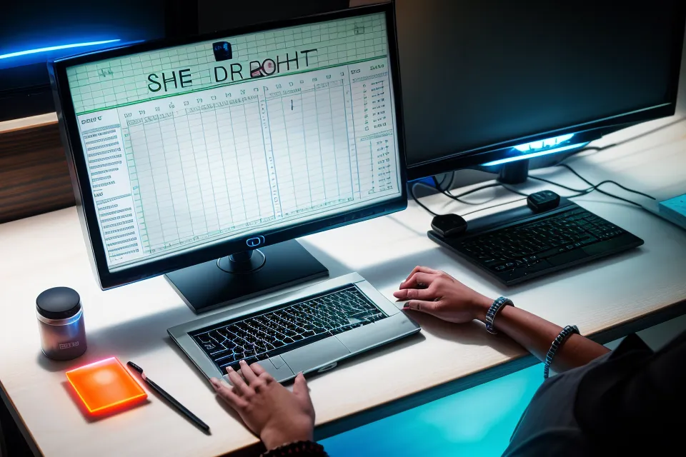 A developer tracking eye fatigue data in a spreadsheet next to an eye supplement capsule.