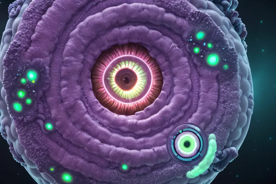 Conceptual illustration of the gut-eye axis connection in a minimalist tech style.