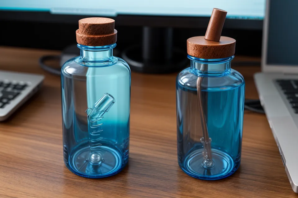 A bottle of VisiFlora eye supplement sitting on a developer's desk.