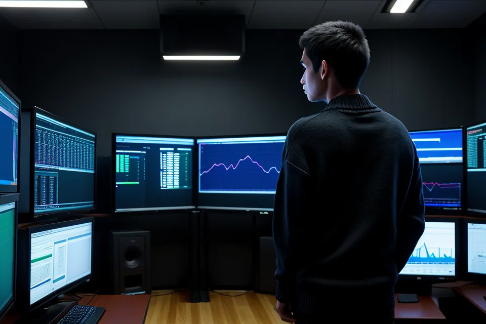 Developer experiencing a 3 PM headache while working at a three-monitor setup.