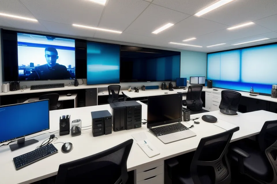 A three-monitor coding setup with eye care tools on the desk.
