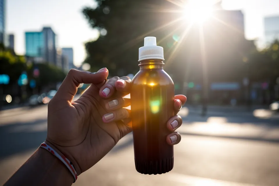 A hand holding a supplement bottle with a bright, sunny street in the background.