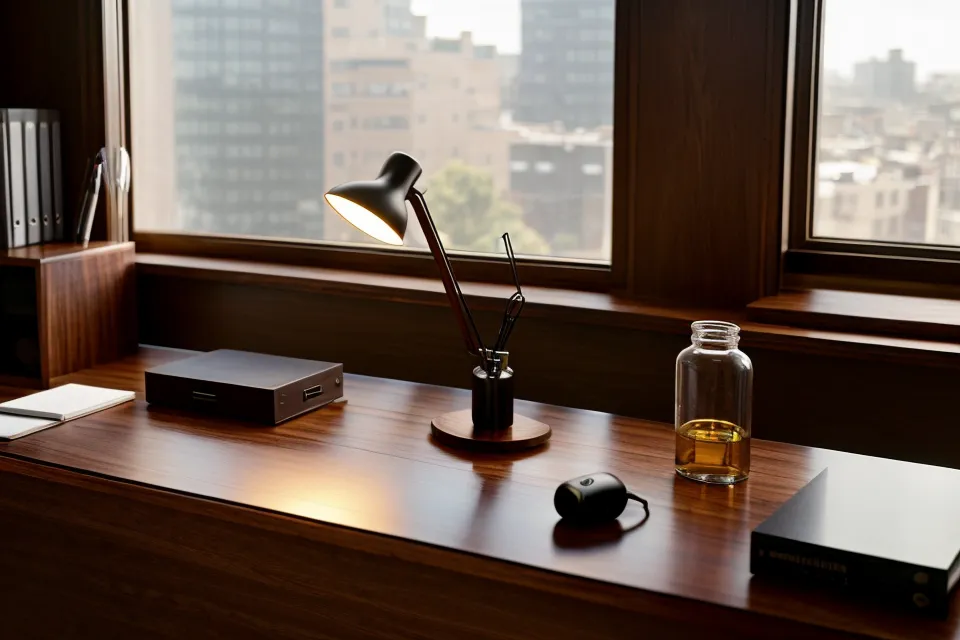 A quiet home office desk at the end of the day with supplements and glasses.