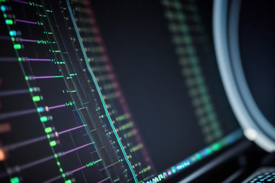 Blurred lines of code in a dark mode editor representing digital eye strain.