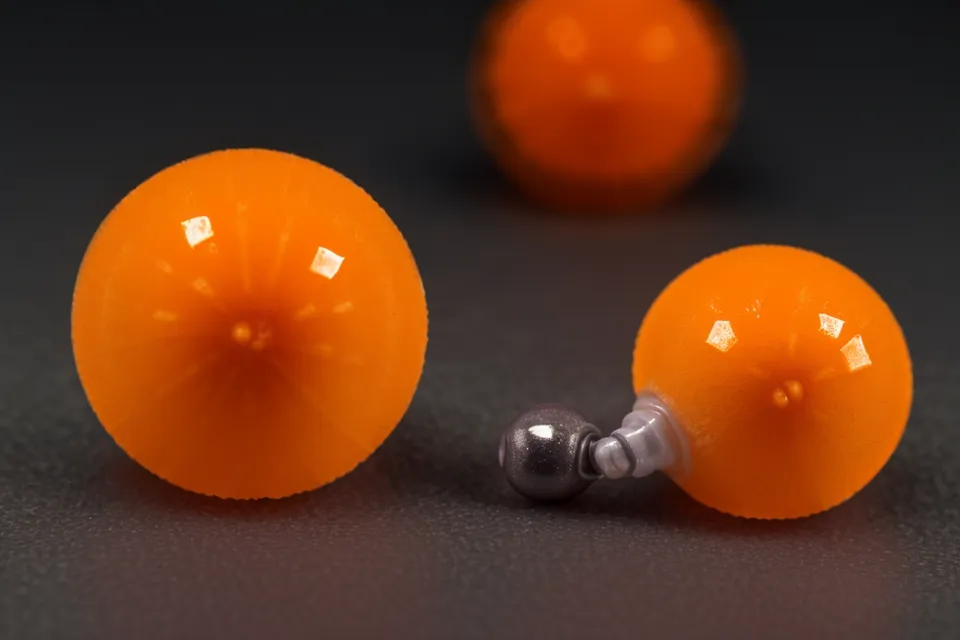 Two lutein and zeaxanthin softgels resting on a mechanical keyboard.