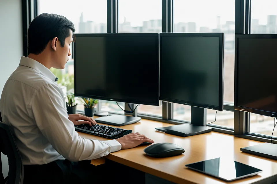 A developer adjusting monitor settings to reduce flicker alongside their supplement routine.