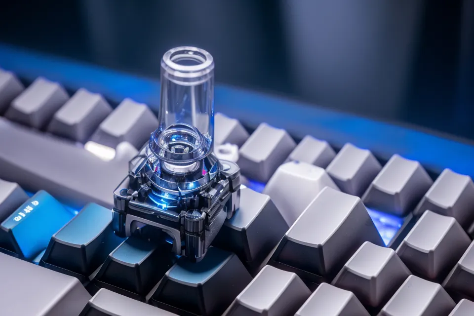 Close-up of eye drops and a keyboard under blue screen light.