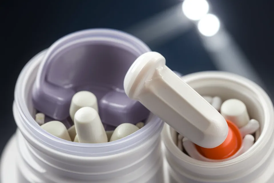 A single ocular supplement capsule held in front of a coding screen.