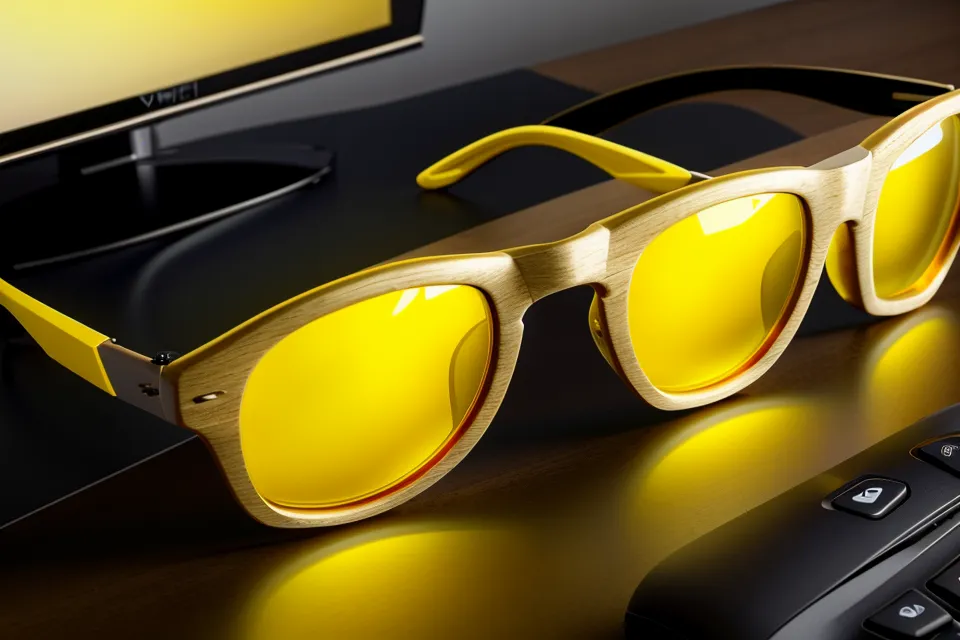 Yellow-tinted blue light blocking glasses on a desk during an eye fatigue supplement comparison