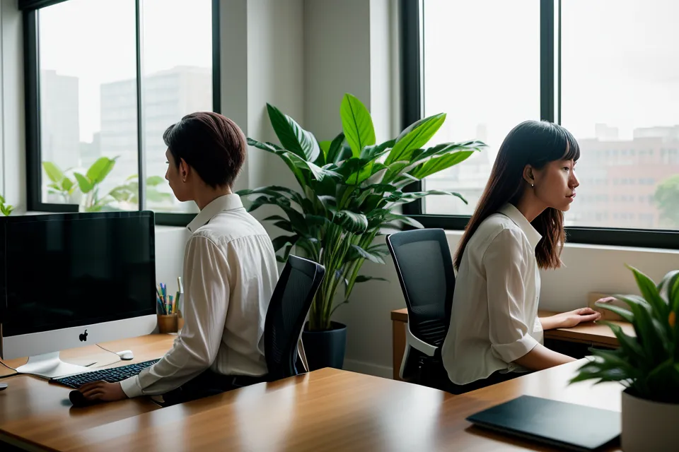Developer stepping away from three monitors during a screen break to rest tired eyes