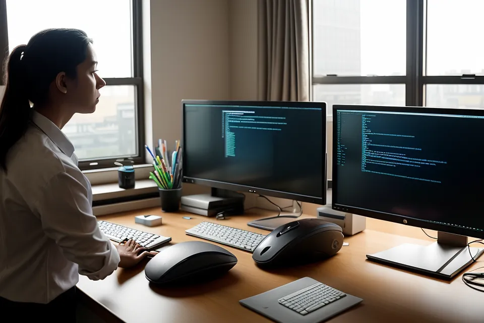 A person working at a three-monitor desk setup reaching for an eye supplement.