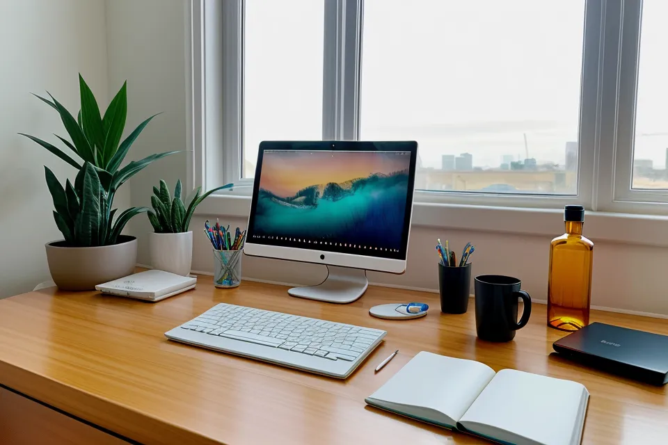 A digital tracking spreadsheet for eye fatigue next to supplements on a desk.