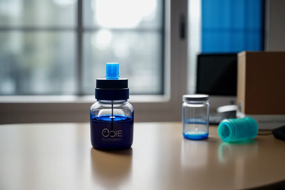 A close-up of an eye care supplement bottle on a developer's desk.
